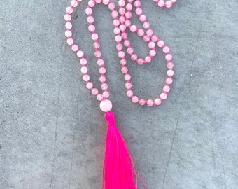 Neon Pink Tassel Necklace, Rose Quartz Mala Beads, Pink Neon Tassel Necklace, Mala Necklace, Hot Pink Necklace, Barbie Necklace, Pink Beads