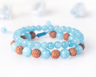 Aquamarine Bracelet, Mala Beads Bracelet, Mala Bracelet, Rudraksha Beads, Set Of Two Stack Bracelets, Meditation Beads, Aquamarine Crystal