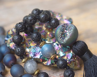 Aura Quartz Necklace - Rainbow Titanium - Labradorite - Healing Lava Stone - Druzy Necklace - Lava Mala Beads - Black Tassel Mala, Raw Stone