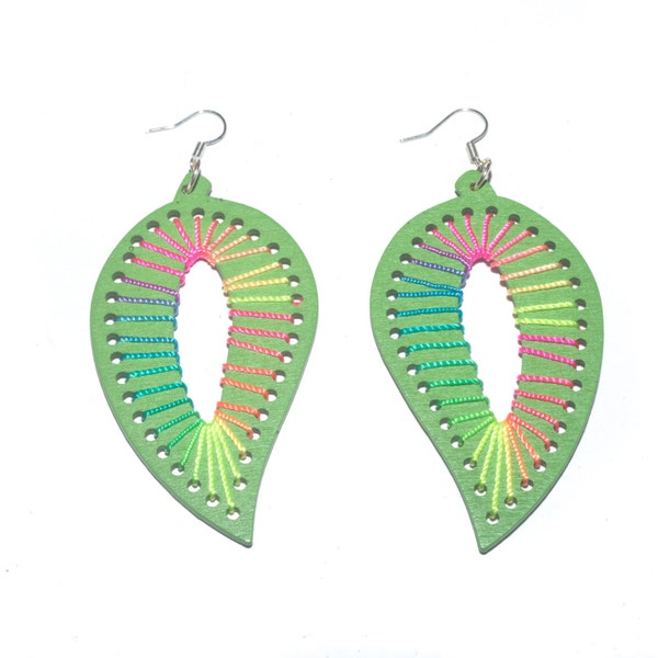 Boho Dangle Earrings - Laser Cut Green Leaf Wood - Neon Rainbow String - Boho Chic statement Earrings - Christmas Gift