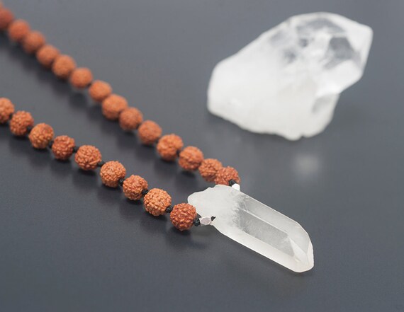 Quartz Necklace Men, Boyfriend Gift, Rudraksha Beads Necklace, Rudraksha Mala, Raw Crystal Necklace, Mens Mala Necklace, 108 Mala Beads Men