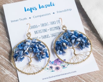 Lapis Lazuli Earrings, Tree Of Life, Raw Stone Earrings, Blue Gemstone Earrings, Natural Stone Earrings, Raw Crystal Earring, Earrings Gift
