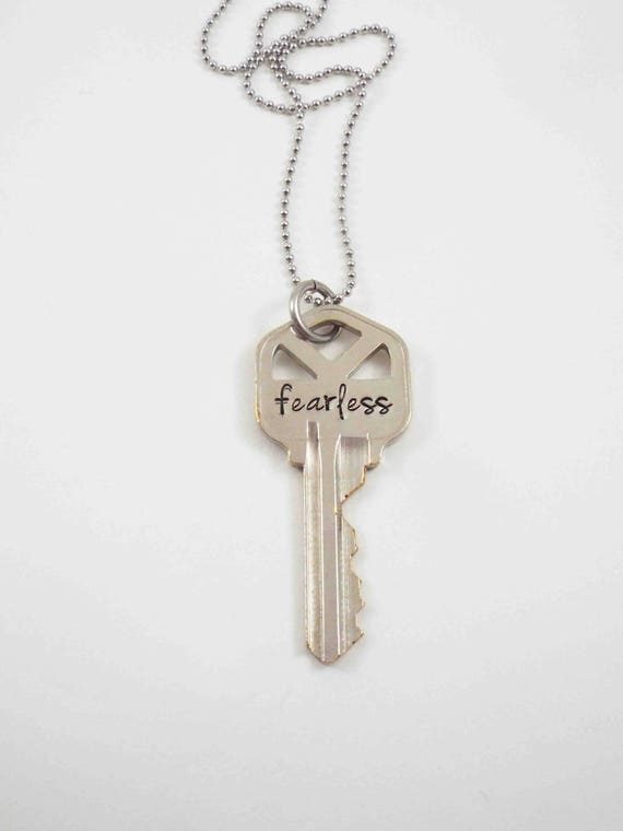 Key Necklace Vintage Key Necklace Fearless Necklace Stamped Etsy