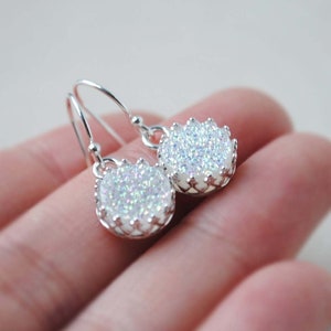 Druzy Earrings, White Druzy Earrings, Sterling Silver Druzy Earrings, Round Druzy Earrings