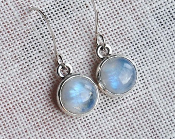 Rainbow Moonstone Bezel Earrings Sterling Silver