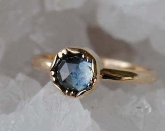 14K Gold Montana Sapphire Ring, Rose Cut Sapphire Solid Gold Jewelry, SIZE 5.5 (up to 5.75 or 6)