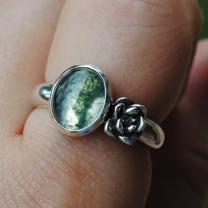 SIZE 8, Sterling Silver Succulent Moss Agate Ring, Rose Cut Faceted Moss Agate Jewelry