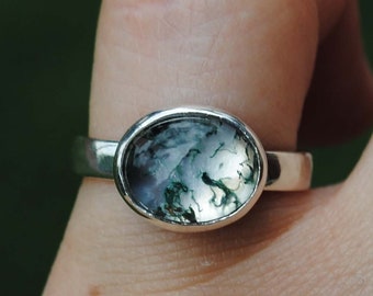 SIZE 5, Sterling Silver Moss Agate Ring, Rose Cut Faceted Moss Agate Jewelry