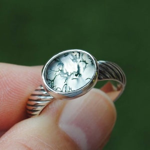 SIZE 7.5, Sterling Silver Moss Agate Ring, Rose Cut Faceted Moss Agate Jewelry