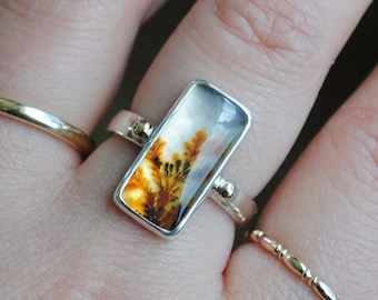 Dendritic Agate Ring, Sterling Silver 14K Dendritic Agate Jewelry (Ring Size 7.75