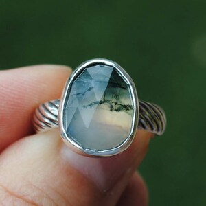 SIZE 6, Sterling Silver Moss Agate Ring, Rose Cut Faceted Moss Agate Jewelry