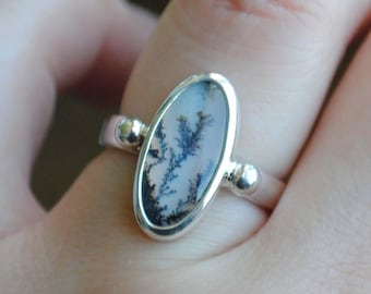 Dendritic Agate Ring, Sterling Silver Dendritic Agate Jewelry (Ring Size 6, 6.25, 6.5)