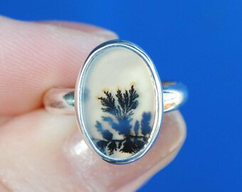 Dendritic Agate Ring, Sterling Silver Dendritic Agate Jewelry (Ring Size 4.75, 5, 5.25)