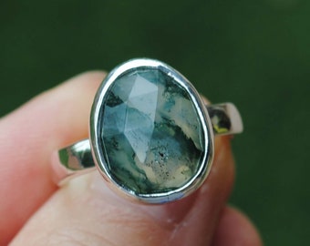 SIZE 7, Sterling Silver Moss Agate Ring, Rose Cut Faceted Moss Agate Jewelry