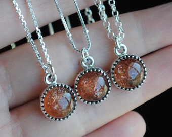 Sterling Silver Round Sunstone Necklace, Silver Sunstone Pendant, Sunstone Jewelry