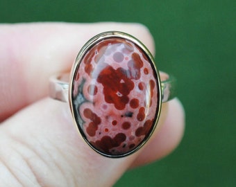 Red Ocean Jasper Ring Sterling Silver 14K Gold Mixed Metals, Ocean Jasper Jewelry, Size 6.75 (can be sized to 7, 7.25, 7.5)