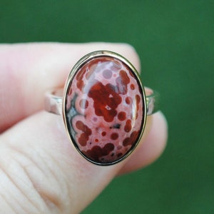 Red Ocean Jasper Ring Sterling Silver 14K Gold Mixed Metals, Ocean Jasper Jewelry, Size 6.75 (can be sized to 7, 7.25, 7.5)