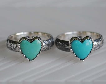 Petite Turquoise Heart Ring with floral pattern band, Sterling Silver Turquoise Heart Jewelry
