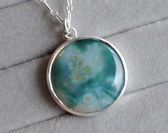 Sterling Silver Ocean Jasper Necklace, Ocean Jasper Round Pendant Jewelry