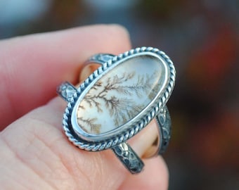 Dendritic Agate Ring, Sterling Silver Dendritic Agate Jewelry (Ring Size 6.25-6.5)