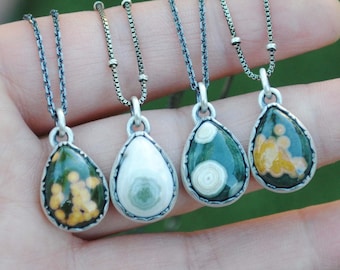 Sterling Silver Ocean Jasper Necklace, Ocean Jasper Drop Pendant Jewelry, Ocean Jasper Pendant