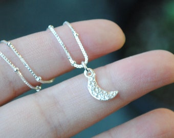 Tiny Crescent Moon Necklace (box satellite chain), Sterling Silver Crescent Necklace, Crescent Moon Jewelry, Silver Celestial Necklace