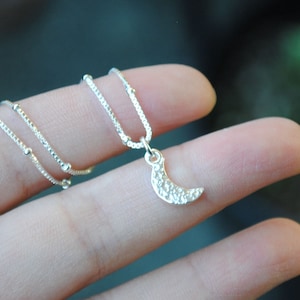 Tiny Crescent Moon Necklace (box satellite chain), Sterling Silver Crescent Necklace, Crescent Moon Jewelry, Silver Celestial Necklace