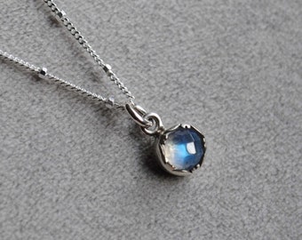 Petite Sterling Silver Rainbow Moonstone Necklace, Rainbow Moonstone Pendant Jewelry