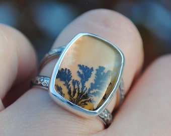 Dendritic Agate Ring, Sterling Silver Dendritic Agate Jewelry (Ring Size 7, 7.25, 7.5)