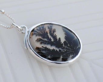 Sterling Silver Dendritic Agate Necklace, Dendritic Agate Oval Pendant Jewelry
