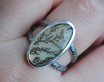 Dendritic Agate Ring, Sterling Silver Dendritic Agate Jewelry (Ring Size 8.25-8.5)