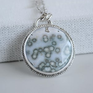 Sterling Silver Ocean Jasper Necklace, Ocean Jasper Round Pendant Jewelry