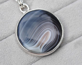 Round Botswana Agate Necklace - Sterling Silver Botswana Agate Jewelry