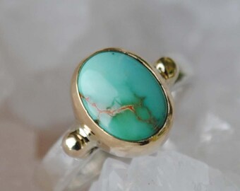 18K Gold Sterling Silver Royston Turquoise Ring, Silver Gold Mixed Metal Turquoise Jewelry, SIZE 4.5 (up to a 4.75 or 5)