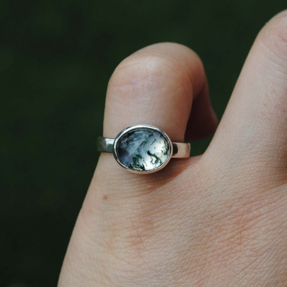 SIZE 5, Sterling Silver Moss Agate Ring, Rose Cut Faceted Moss Agate Jewelry