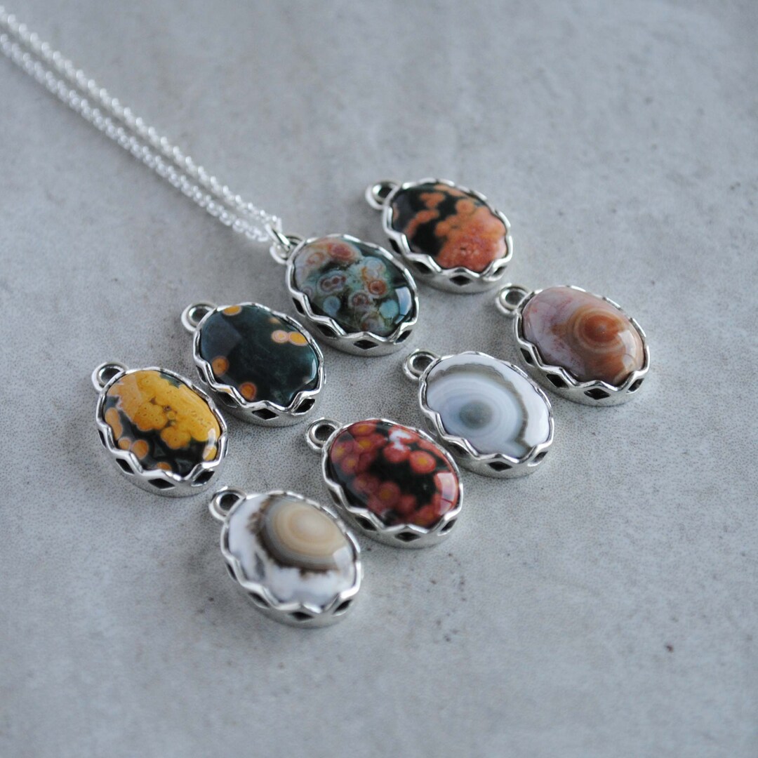 Sterling Silver Ocean Jasper Pink Dotted Teardrop Pendant