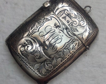 AAntique English Sterling Silver Victorian Feathered Vesta Match Safe Engraved Featuring SMR Original Custom Monogram