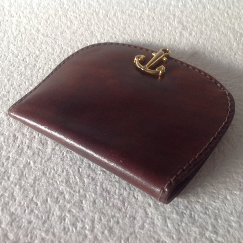 Vtg 70s Handmade Big Wallet with Gold tone Anchors Buckle Genuine Leather Billfold Boho Gift Rare