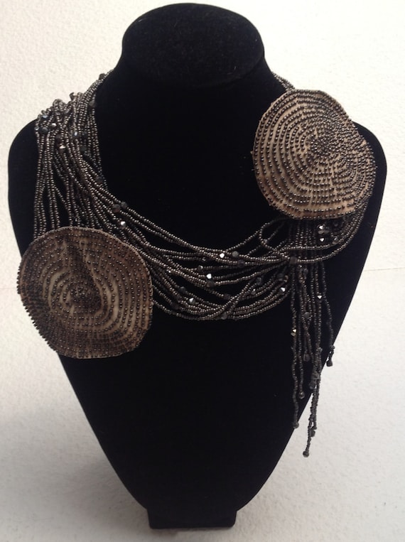 Deco 20s Rare Two Black Beaded tassels fringe embe