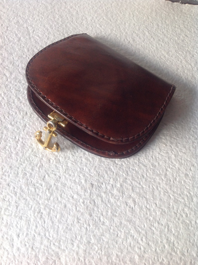 Vtg 70s Handmade Big Wallet with Gold tone Anchors Buckle Genuine Leather Billfold Boho Gift Rare