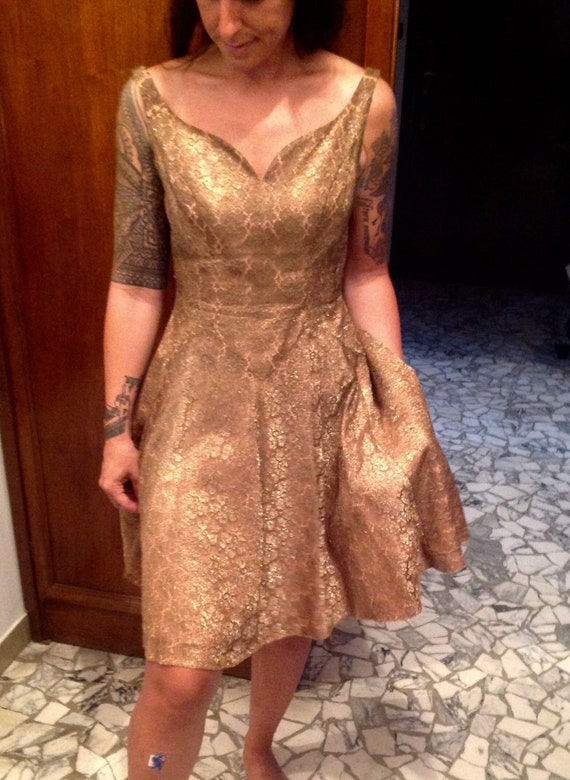 Rare Vtg 50s gold thread dress // 1950s gold spar… - image 1