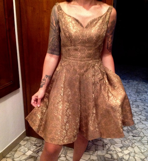 Rare Vtg 50s gold thread dress // 1950s gold spar… - image 4