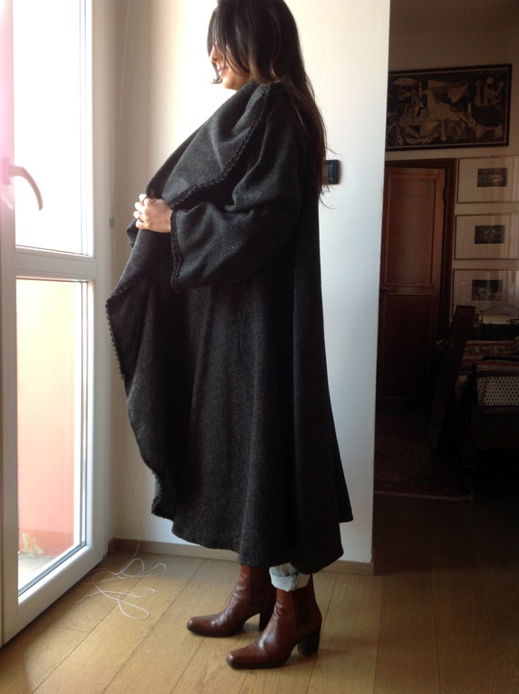 Vtg. 80s CACHAREL Paris Swing Coat Cloak Wool Gra… - image 3