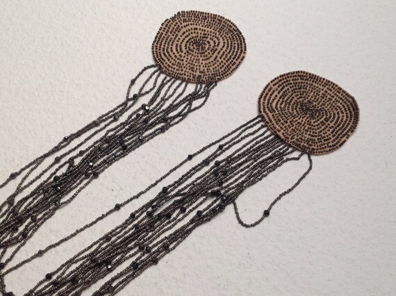 Deco 20s Rare Two Black Beaded tassels fringe emb… - image 4