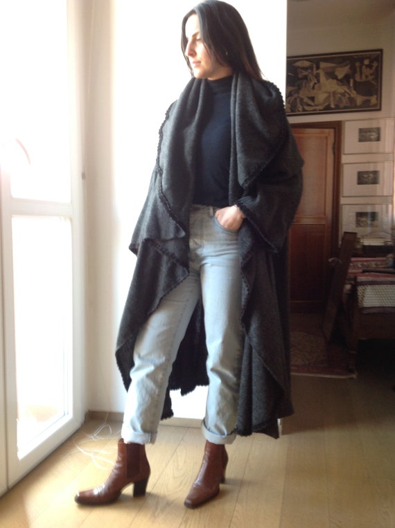 Vtg. 80s CACHAREL Paris Swing Coat Cloak Wool Gra… - image 2