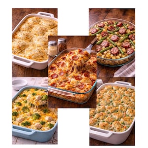 Puede incluir: Un collage de varios platos horneados en fuentes rectangulares y redondas. Los platos incluyen pizza, cazuela de pollo y brócoli y otras cazuelas con galletas. Los platos están sobre una superficie de madera.