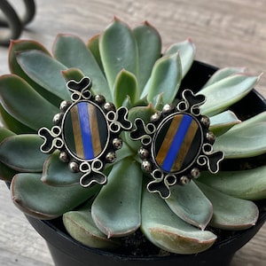 Vintage mexico sterling inlay onyx tigers eye lapis handmade 925 post earrings