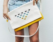 Oversized Foldover Clutch Leather/Canvas with hand embroidery detail