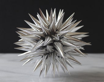 Silver Metallic Polish Star | Jezyk Paper Star Modern Folk Art Spiky Ornament | Home Office Decor | Wedding Winter Floral Accent, 4.5 inch