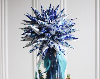 Celestial Blue Shooting Star Christmas Decoration Tree Topper | Blue and Silver Metallic Dapple | Recycled Silk Sari Ribbon | Nursery Decor